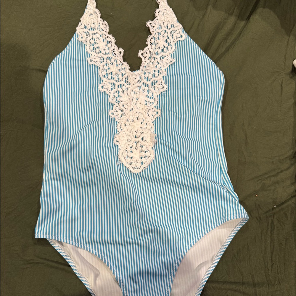 Blue and White Striped One-Piece Swimsuit with White Lace Trim halter top
